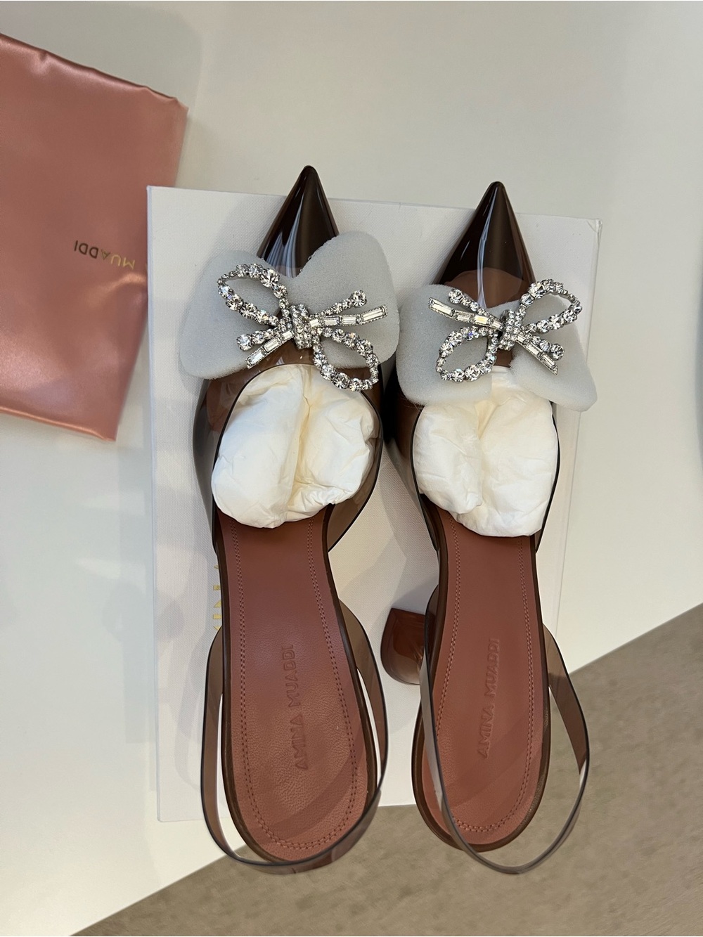 Amina Muaddi Rosie Glass Slingback 95MM CL Plexi Heel PVC Mocha  - Size 41